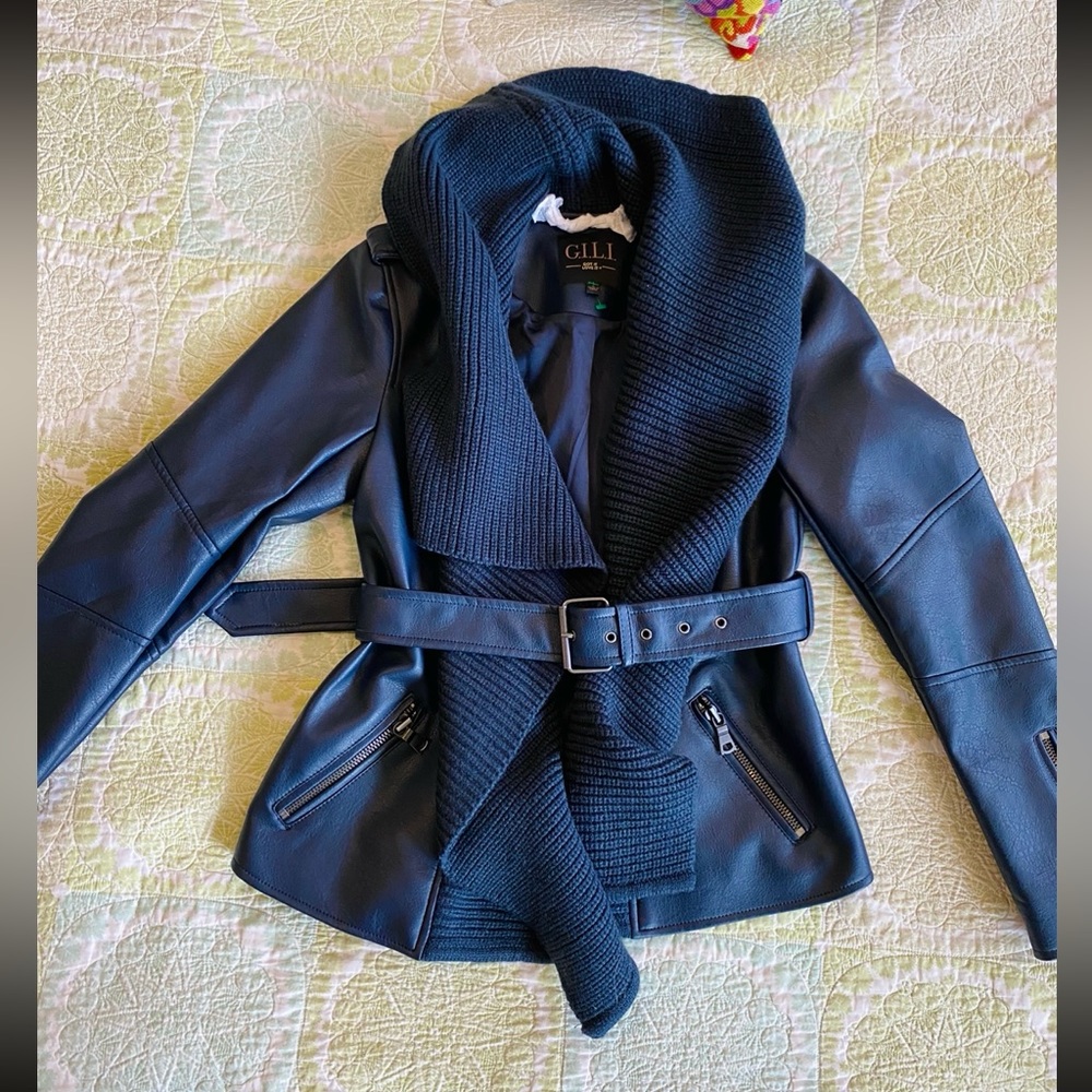 G.I.Ll. Blue faux leather belted moto jacket, attached knit shawl collar NWOT - Picture 1 of 15